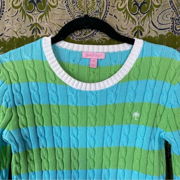 Y2K Lilly Pulitzer Blue/ Green Logo Striped Cable Knit Sweater Size Extra Small - Picture 2 of 16